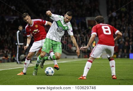 MANCHESTER, ENGLAND - SEPTEMBER 30, 2015: Champions League match between Manchester United and Vfl Wolfsburg at Old Trafford Stadium on September 30, 2015