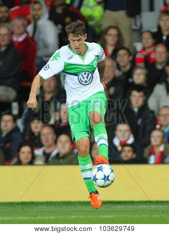 MANCHESTER, ENGLAND - SEPTEMBER 30, 2015: Champions League match between Manchester United and Vfl Wolfsburg at Old Trafford Stadium on September 30, 2015