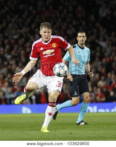 MANCHESTER, ENGLAND - SEPTEMBER 30, 2015: Champions League match between Manchester United and Vfl Wolfsburg at Old Trafford Stadium on September 30, 2015