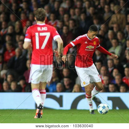 MANCHESTER, ENGLAND - SEPTEMBER 30, 2015: Champions League match between Manchester United and Vfl Wolfsburg at Old Trafford Stadium on September 30, 2015