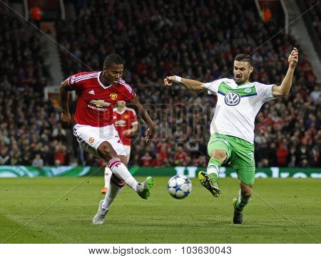 MANCHESTER, ENGLAND - SEPTEMBER 30, 2015: Champions League match between Manchester United and Vfl Wolfsburg at Old Trafford Stadium on September 30, 2015