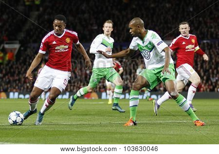 MANCHESTER, ENGLAND - SEPTEMBER 30, 2015: Champions League match between Manchester United and Vfl Wolfsburg at Old Trafford Stadium on September 30, 2015