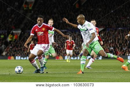 MANCHESTER, ENGLAND - SEPTEMBER 30, 2015: Champions League match between Manchester United and Vfl Wolfsburg at Old Trafford Stadium on September 30, 2015