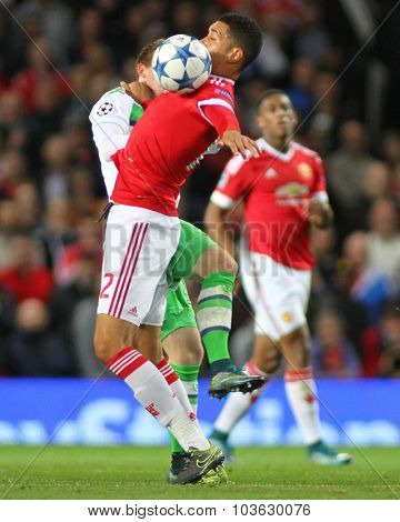 MANCHESTER, ENGLAND - SEPTEMBER 30, 2015: Champions League match between Manchester United and Vfl Wolfsburg at Old Trafford Stadium on September 30, 2015