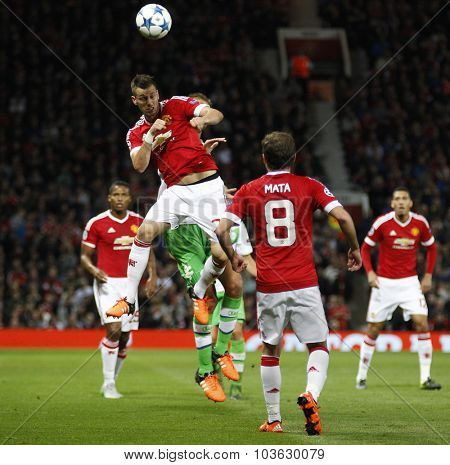 MANCHESTER, ENGLAND - SEPTEMBER 30, 2015: Champions League match between Manchester United and Vfl Wolfsburg at Old Trafford Stadium on September 30, 2015
