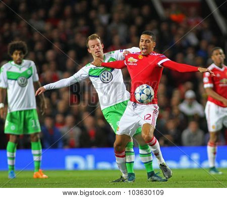 MANCHESTER, ENGLAND - SEPTEMBER 30, 2015: Champions League match between Manchester United and Vfl Wolfsburg at Old Trafford Stadium on September 30, 2015