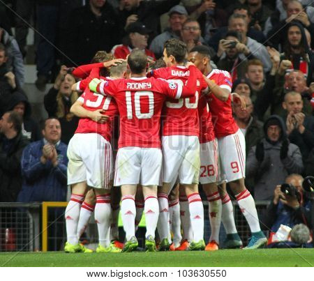 MANCHESTER, ENGLAND - SEPTEMBER 30, 2015: Champions League match between Manchester United and Vfl Wolfsburg at Old Trafford Stadium on September 30, 2015