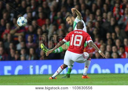 MANCHESTER, ENGLAND - SEPTEMBER 30, 2015: Champions League match between Manchester United and Vfl Wolfsburg at Old Trafford Stadium on September 30, 2015