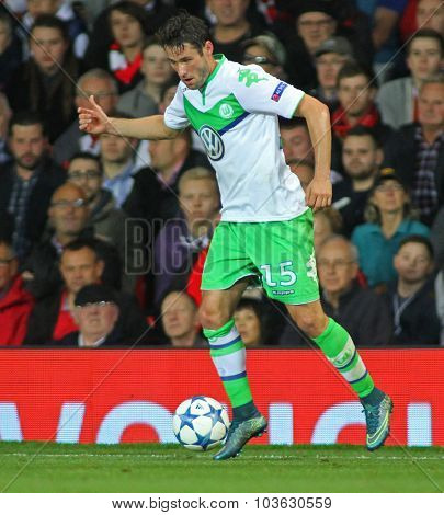 MANCHESTER, ENGLAND - SEPTEMBER 30, 2015: Champions League match between Manchester United and Vfl Wolfsburg at Old Trafford Stadium on September 30, 2015