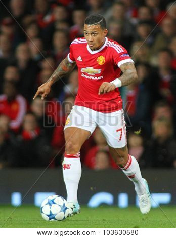 MANCHESTER, ENGLAND - SEPTEMBER 30, 2015: Champions League match between Manchester United and Vfl Wolfsburg at Old Trafford Stadium on September 30, 2015