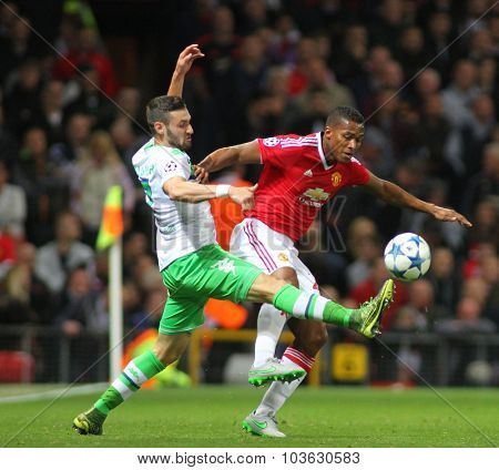 MANCHESTER, ENGLAND - SEPTEMBER 30, 2015: Champions League match between Manchester United and Vfl Wolfsburg at Old Trafford Stadium on September 30, 2015