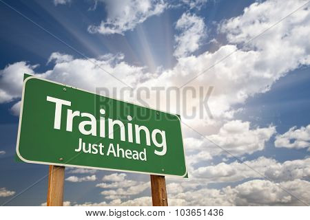 Training Green Road Sign With Dramatic Clouds and Sky.