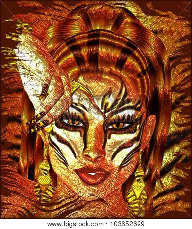 Tiger's Light. A woman's face with exotic Tiger striped makeup and a matching background.