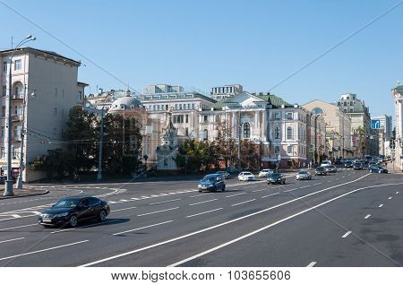 Moscow, Russia - 09.21.2015. View of the main street Znamenka and Gallery of national artist of USSR