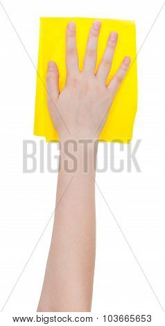 Top View Of Hand With Yellow Wiping Rag Isolated