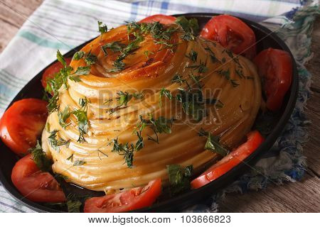 Timbale Of Pasta With Cheese And Vegetables Close-up. Horizontal