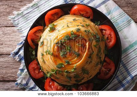 French Timbale Of Pasta Close-up On A Plate. Horizontal Top View