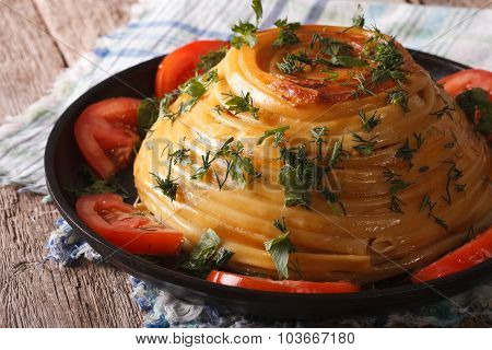 French Food: Timbale Of Pasta With Cheese Close-up. Horizontal