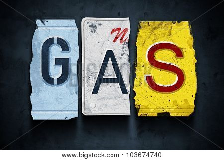 Gas Word On Vintage Car License Plates, Concept Sign