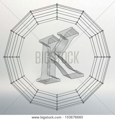 Vector illustration of letter K. Fonts of Mesh polygonal. Wire frame contour alphabets. Abstract cre