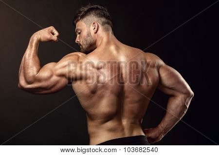 Strong Athletic Man Fitness Model Posing Back Muscles, Triceps, Latissimus
