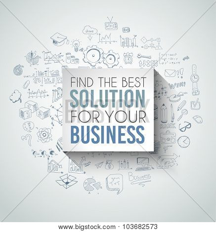 Best Solution for Your Business Slogan over a squared flat panel with soft shadow over an hand drawn doodles skeches collection of symbols, graphs, maths, infographics ans so on.