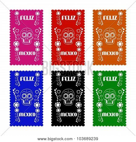 set colored poster paper in traditional Mexican style and patterns for backgrounds skulls, celebrati
