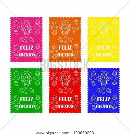 set colored poster paper in traditional Mexican style and patterns for backgrounds skulls, celebrati