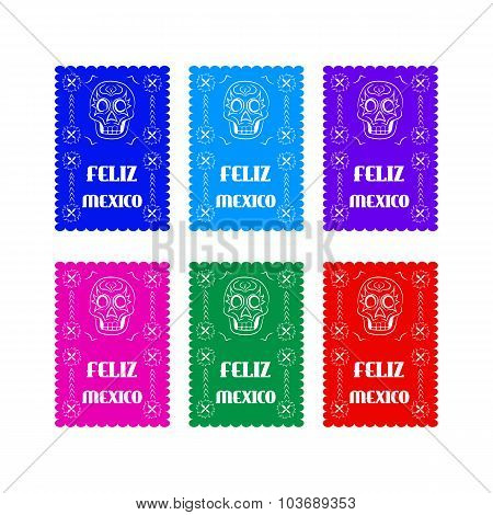 set colored poster paper in traditional Mexican style and patterns for backgrounds skulls, celebrati