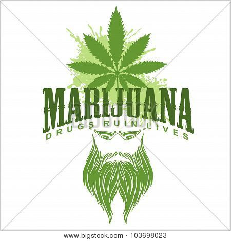 Marijuana and hippie - vector emblem.