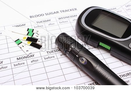 Glucometer And Accessories On Empty Medical Forms For Diabetes