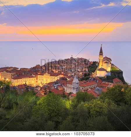 Picturesque old town Piran in sunset, Slovenia.