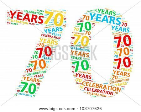 Colorful word cloud for celebrating a 70 year birthday or anniversary