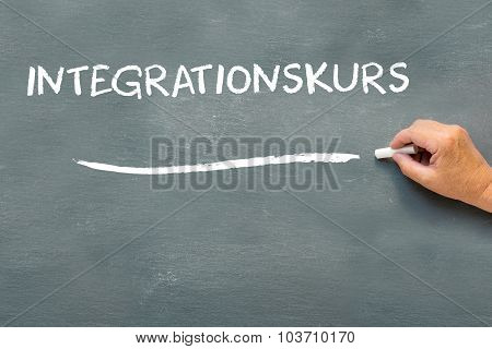 Hand Writing On A Chalkboard The German Word Integrationskurs