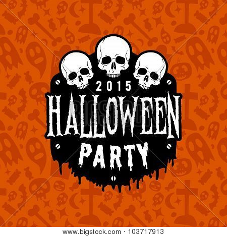 Halloween Party Vintage Badge On Orange Seamless Background