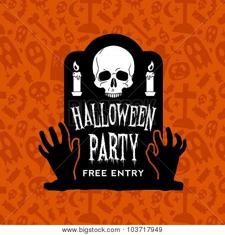 Halloween Party Vintage Badge On Orange Seamless Background