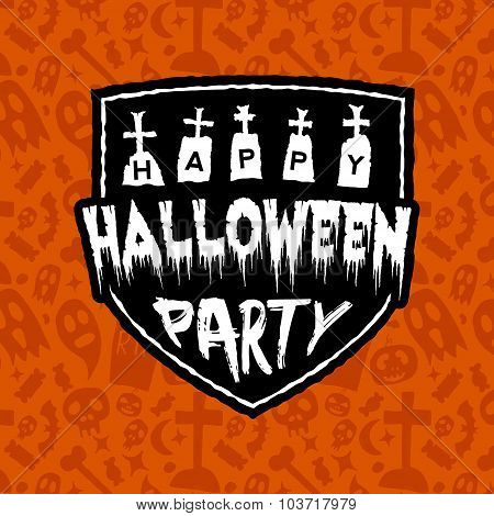 Halloween Party Vintage Badge On Orange Seamless Background