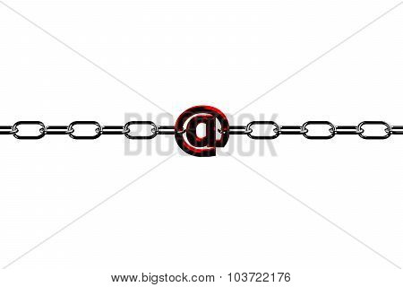 Red 'at' Symbol On The Chain  Isolated On White Background