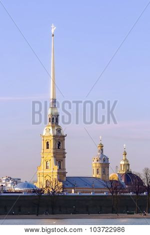 A view of the frozen Neva and the St. Peter and Paul fortress from the Spit of the Vasilievsky Island.