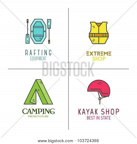 Collection of minimalistic rafting logos, labels or line badges. Outdoor adventure, cute color desig