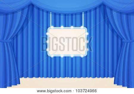 Vintage Stage with Blue Curtains and Marquee Sign Board