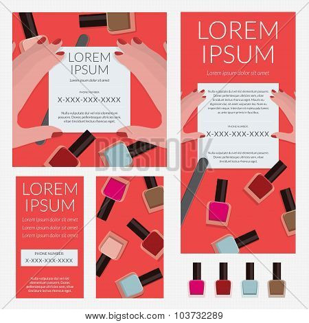 Vector set with banner, flyer and card on manicure theme