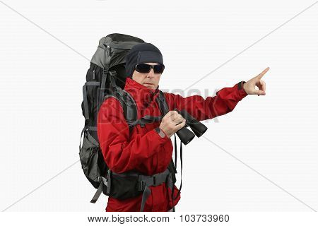 traveler with backpack red jacket with binoculars in hand on a white background specifies a finger i