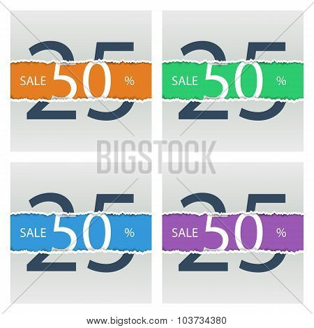 Set of sale posters with percent discount. Torn paper.