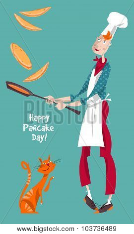 Happy Pancake Day! Cute Cook Boy Tosses Pancake In Frying Pan.