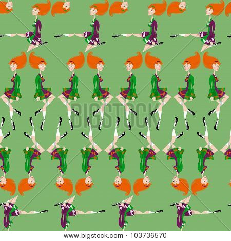 Dancing Irish Girl In Traditional Dress. St. Patrick's Day. Seamless Background Pattern.
