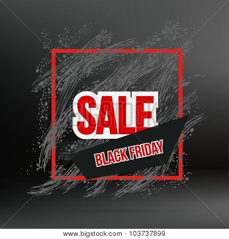 Black friday grunge frame banner on dark background. Blobs, stain, paints blot