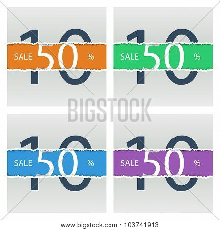 Set of sale posters with percent discount. Torn paper.