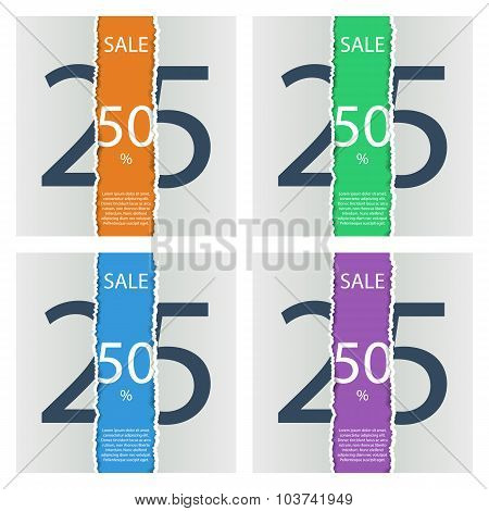 Set of sale posters with percent discount. Torn paper.
