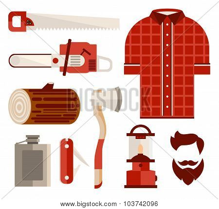 Wood and Tools of Lumberjack in Flat Style. Vector Illustration Set